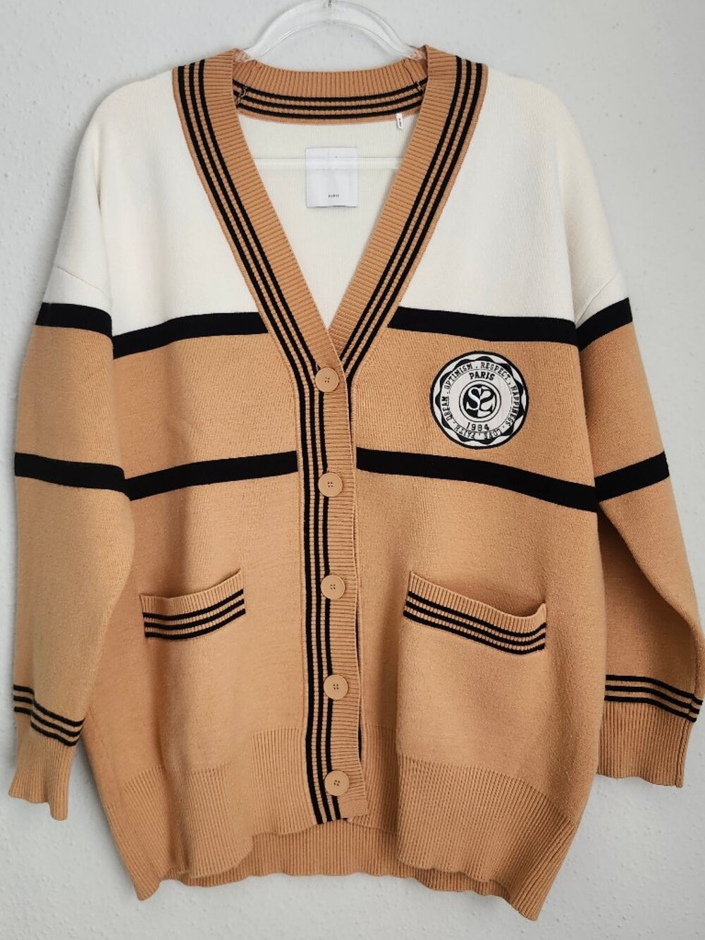 SANDRO Oversized Two-Tone Varsity Crest Cardigan Sweater Academic Schoolgirl S